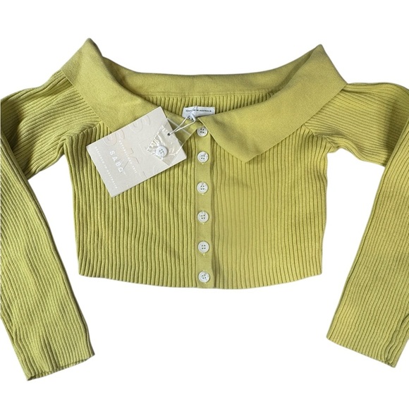 Y2K Ribbed Knit Cropped Cardigan by SABO Chartreuse Lime 100% Cotton L (8) D108 - Picture 2 of 8
